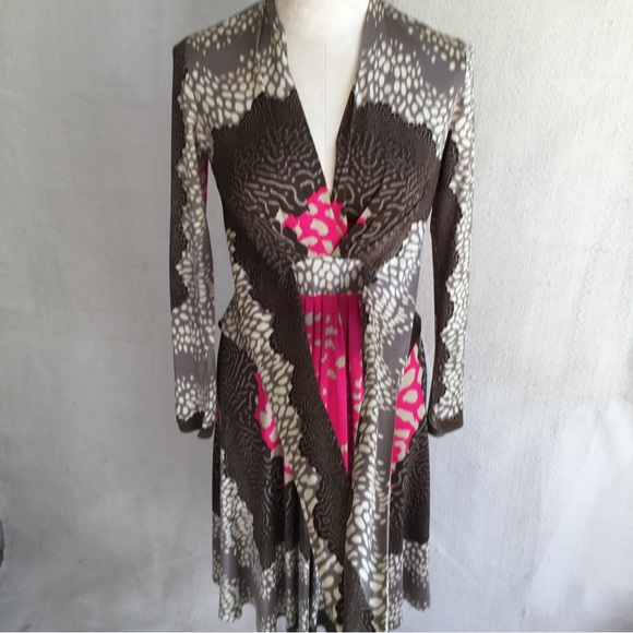 Issa London Dress M US8 UK12 Stretch Silk Animal Print Long Sleeve Brown Pink - Picture 5 of 10